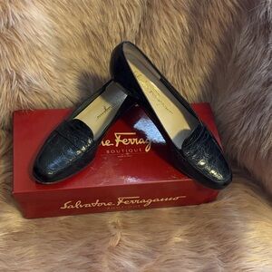 Salvatore Ferragamo Black Croc-Embossed Leather Loafers